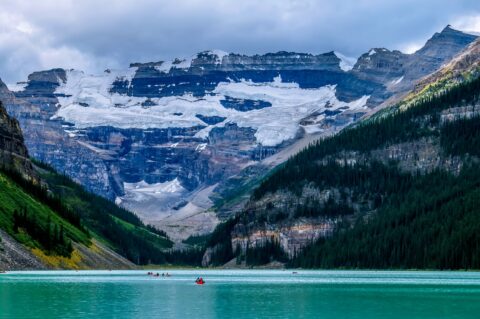 Kayaking On Rainy Day On Lake Louise In Banff National Park, AB