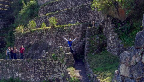 Liz Archilla Excited On Trail To Top Of Wayna Picchu On Machu Picchu Archeological Site, Peru