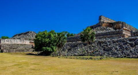 Look From The Distance At Mayan Building In Kabah Archaeological Site In Yucatan, Mexico