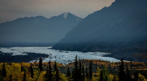 Matanuska Glacier Icefield Along Glenn Highway Covered With Smoke From Forest Fire, AK