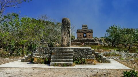 Obelisc On Mayan White Road Towards Temple Of Seven Dolls On Dzibilchaltun Archaeological Site In Yucatan, Mexico
