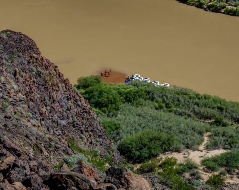 Rafters At The End Of Trail Down At Colorado River In Whitmore Canyon, Grand Canyon North Rim, AZ