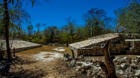 Reconstruction Of Mayan Playground On Dzibilchaltun Archaeological Site In Yucatan, Mexico