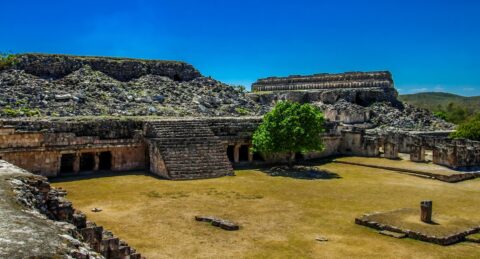 Remains Of Mayan Buildings In Kabah Archaeological Site In Yucatan, Mexico