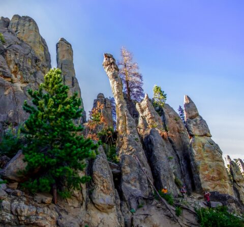 Rock Climbers At Needles In Custer State Park, Black Hills, SD
