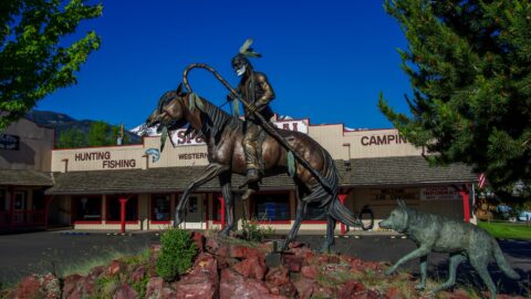 Statue of Native with Wolf in Joseph, Wallowa-Whitman, OR