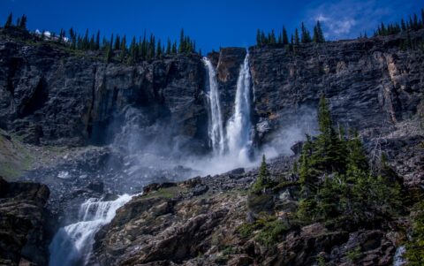 Twin Falls Creek Is Plunging Off  80 Meter High Cliff  To Create Twin Falls, Yoho National Park, BC
