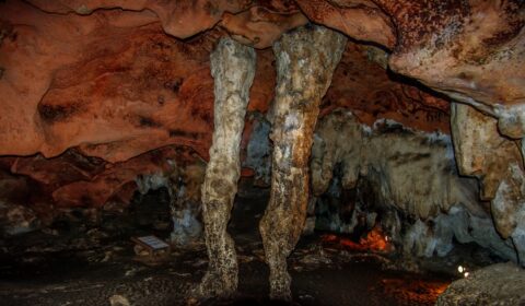 Two Stalagmites In Lol-Tun Caves, Yucatan, Mexico