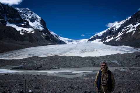 rrasha In Front Of Athabasca Glacier, Columbia Icefields In Jasper National Park, AB