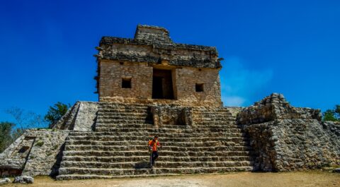 rrasha Leaving The Temple Of Seven Dolls On Dzibilchaltun Archaeological Site In Yucatan, Mexico